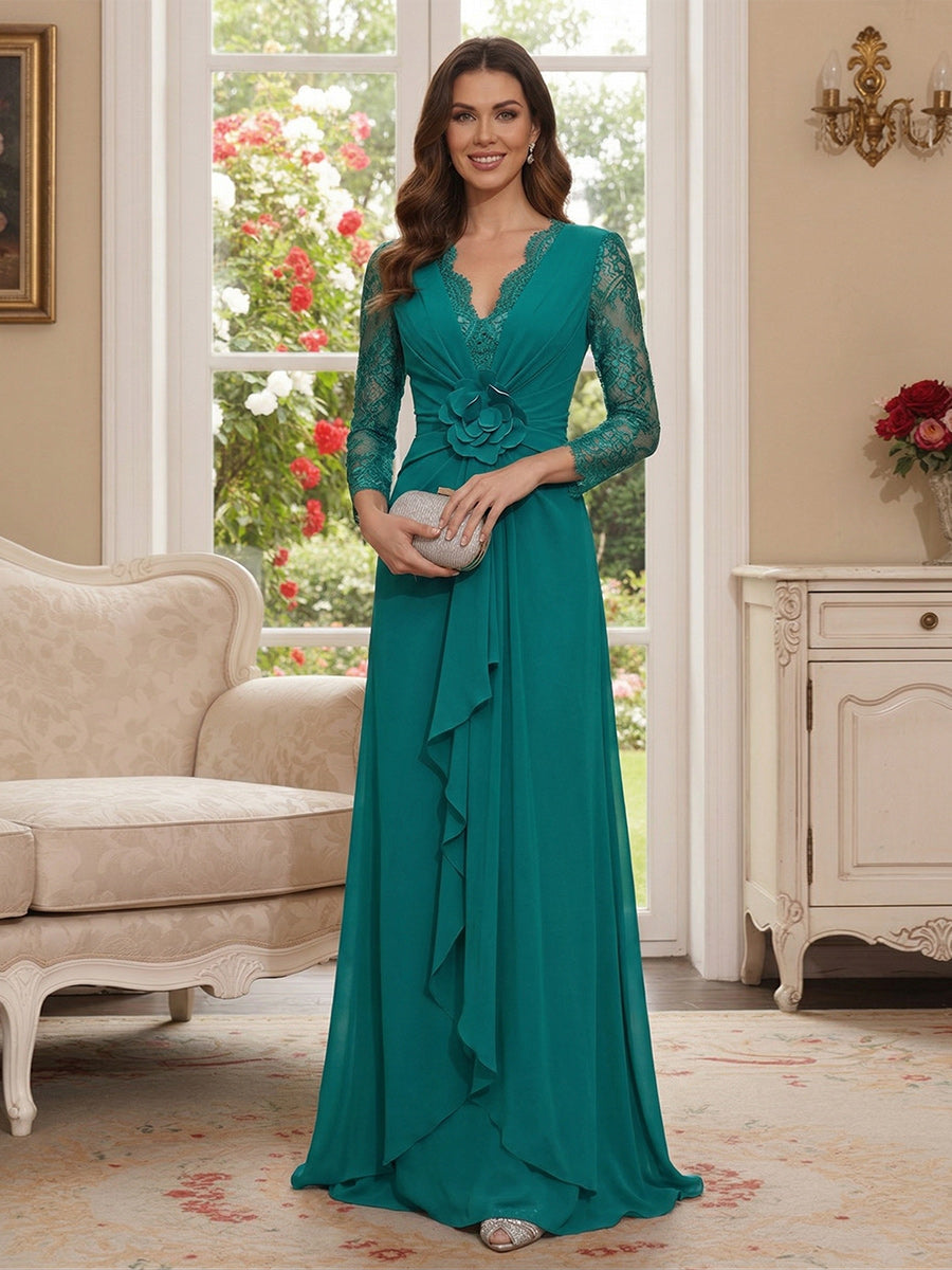 A-Line/Princess V-Neck 3/4 Sleeves Floor-Length Mother of the Bride Dresses with Ruffles & Lace