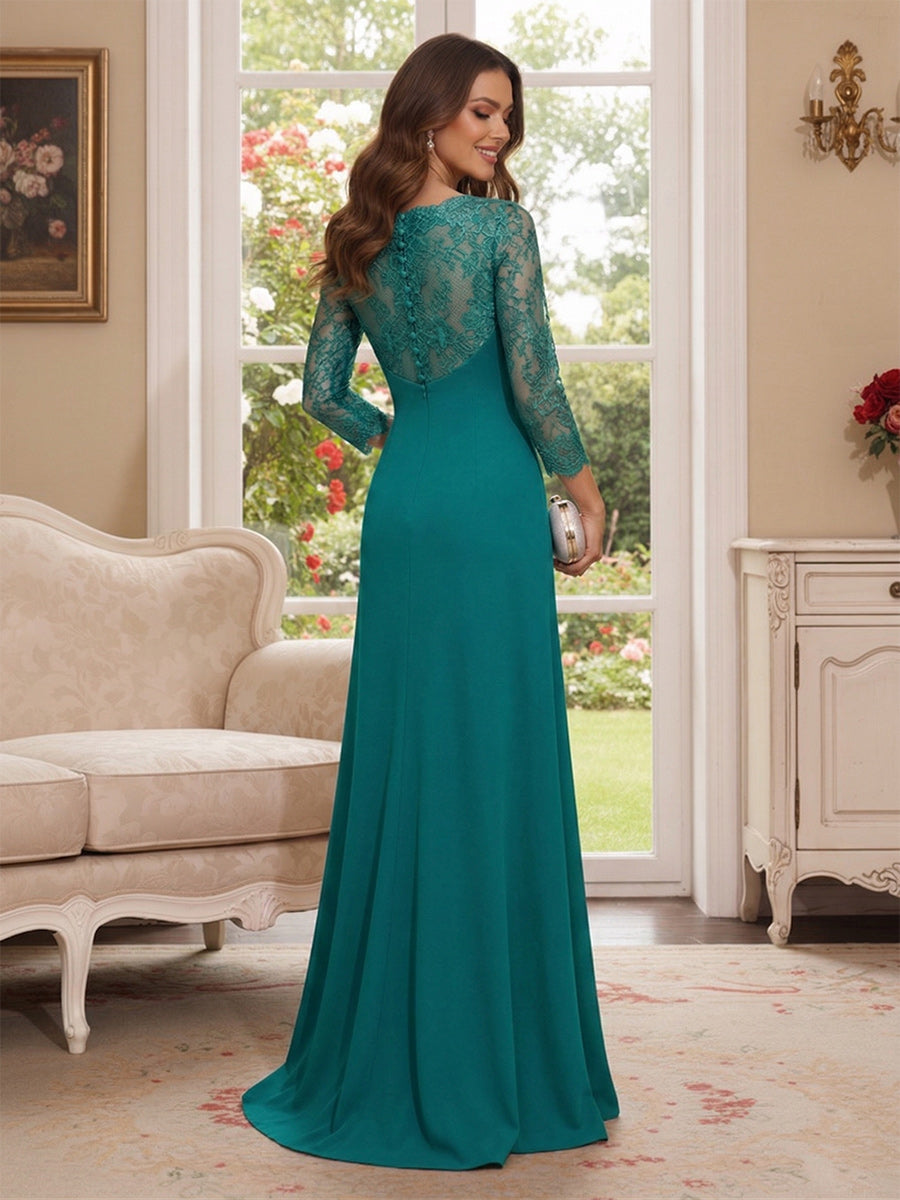 A-Line/Princess V-Neck 3/4 Sleeves Floor-Length Mother of the Bride Dresses with Ruffles & Lace