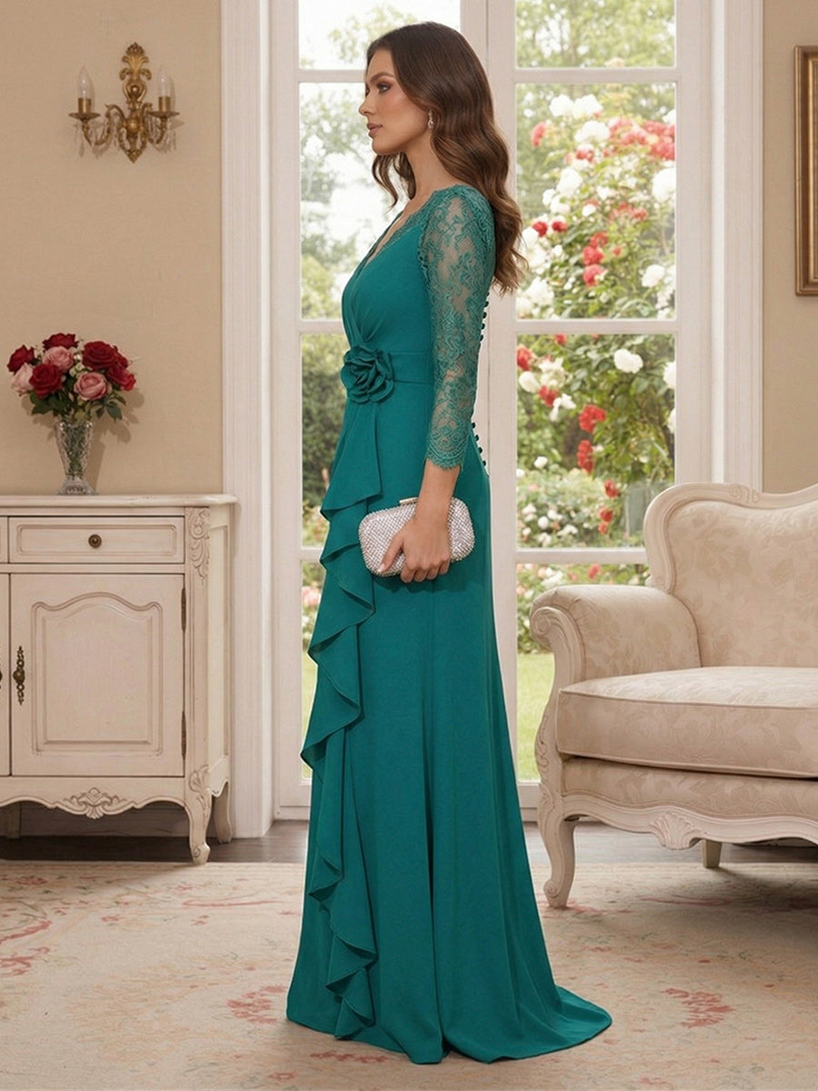A-Line/Princess V-Neck 3/4 Sleeves Floor-Length Mother of the Bride Dresses with Ruffles & Lace