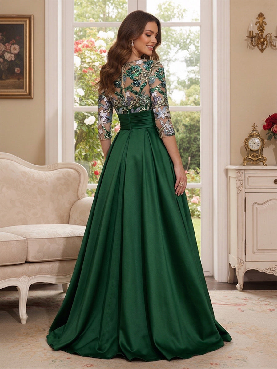 A-Line/Princess Scoop 3/4 Sleeves Floor-Length Mother of the Bride Dresses with Applique & Pleats