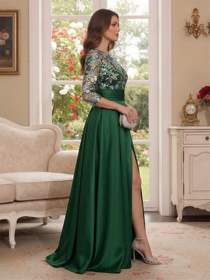 A-Line/Princess Scoop 3/4 Sleeves Floor-Length Mother of the Bride Dresses with Applique & Pleats