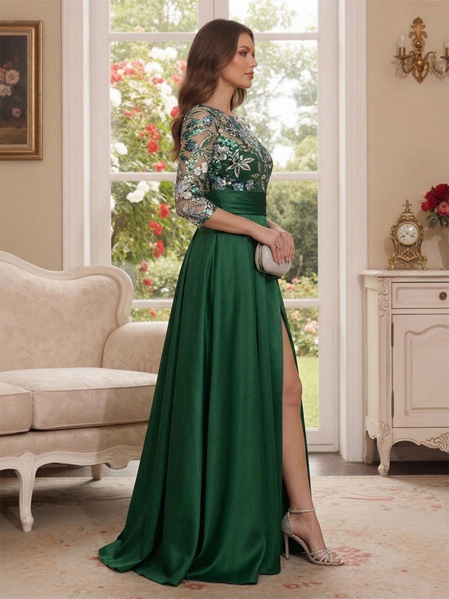 A-Line/Princess Scoop 3/4 Sleeves Floor-Length Mother of the Bride Dresses with Applique & Pleats