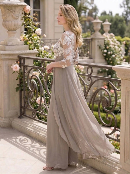 Jumpsuits Scoop 3/4 Sleeves Floor Length Mother of the Bride Dresses with Applique & Lace