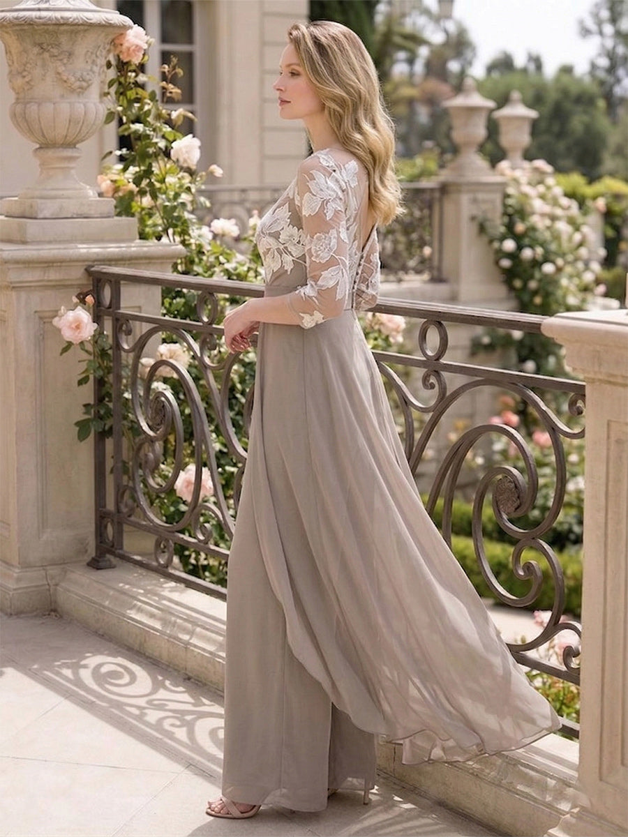 Jumpsuits Scoop 3/4 Sleeves Floor Length Mother of the Bride Dresses with Applique & Lace