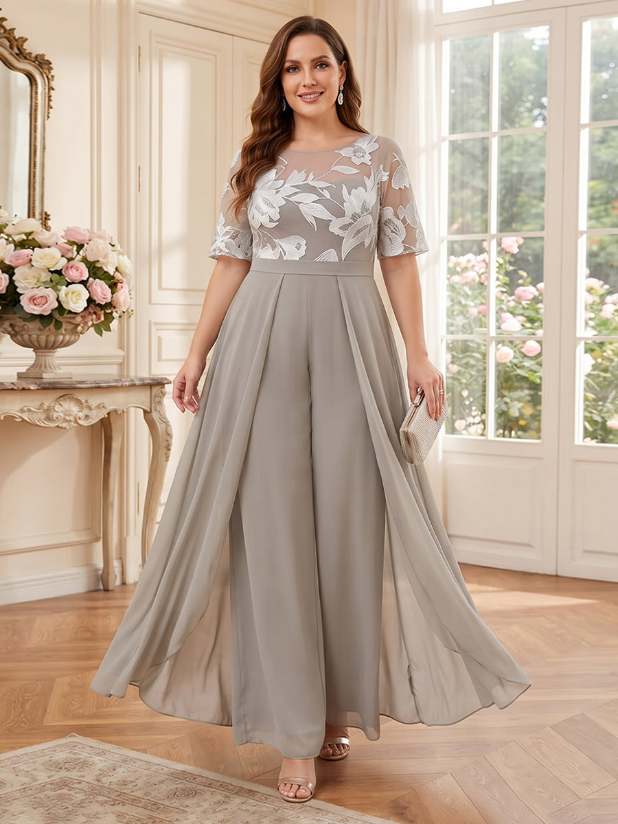 Jumpsuits Scoop 3/4 Sleeves Chiffon Floor-Length Plus Size Mother of the Bride Dresses with Applique & Lace