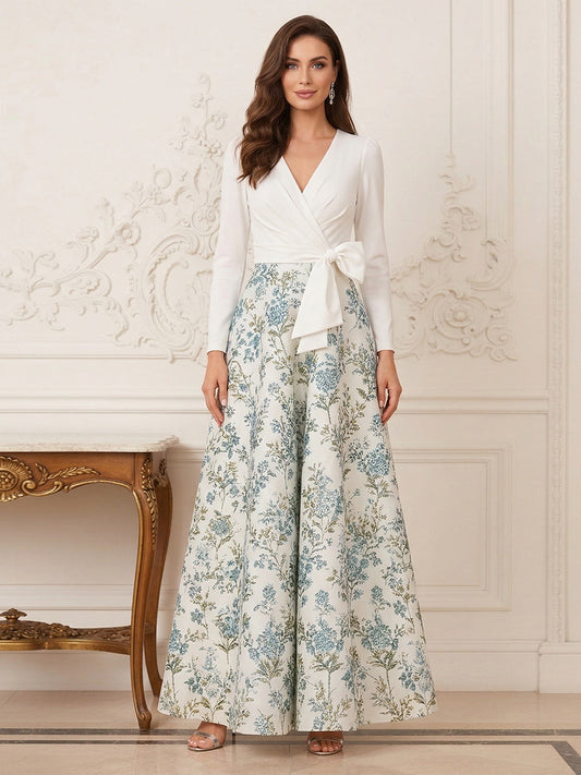 A-Line/Princess V-Neck 3/4 Sleeves Ankle-Length Mother of the Bride Dresses with Bowknot & Ruched