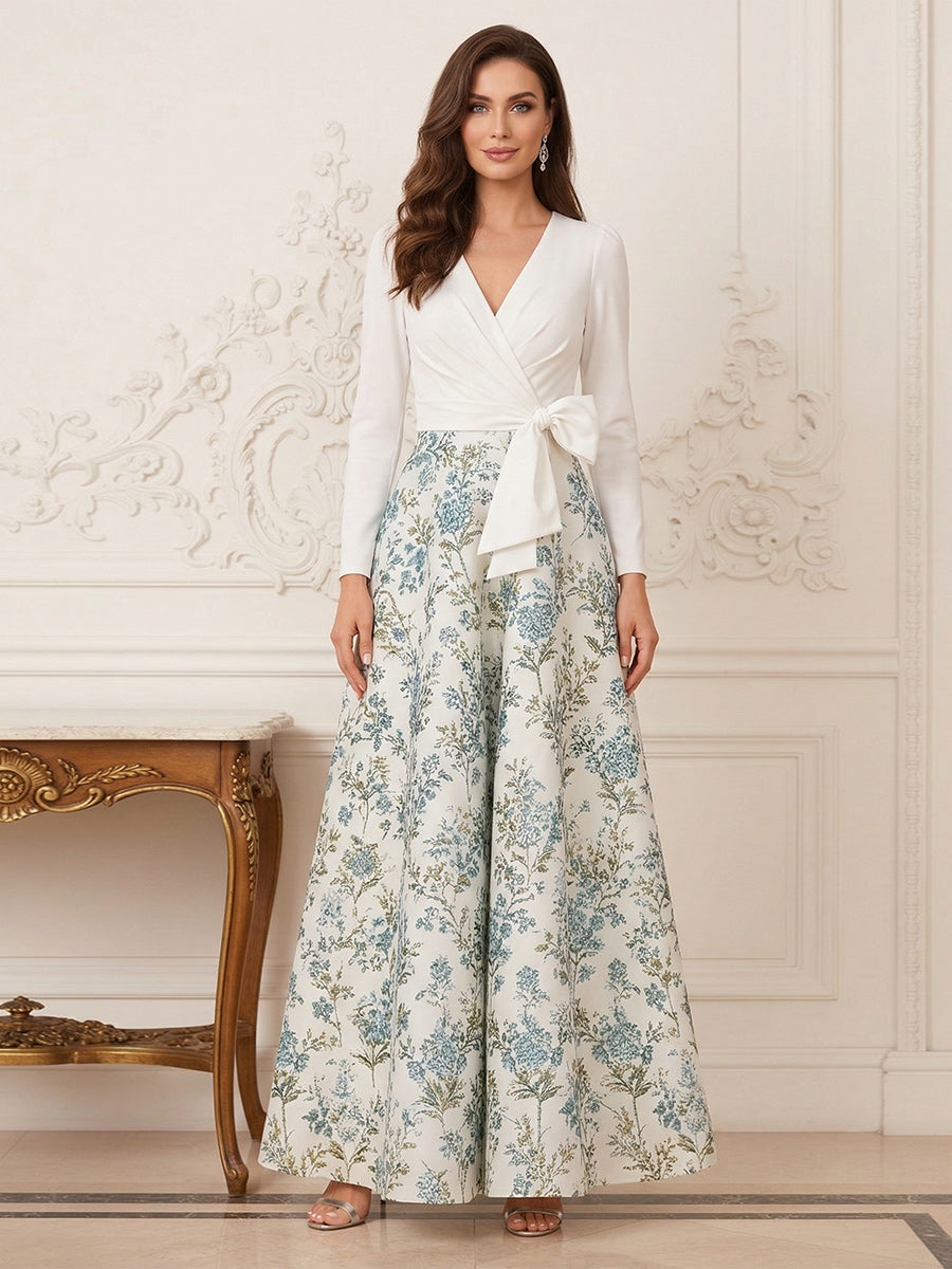 A-Line/Princess V-Neck 3/4 Sleeves Ankle-Length Mother of the Bride Dresses with Bowknot & Ruched