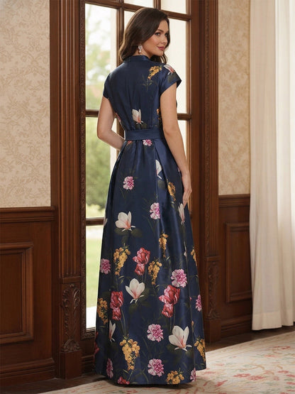 A-Line/Princess Short Sleeves V Neck Floor-Length Mother of the Bride Dresses with Pocket & Split Side