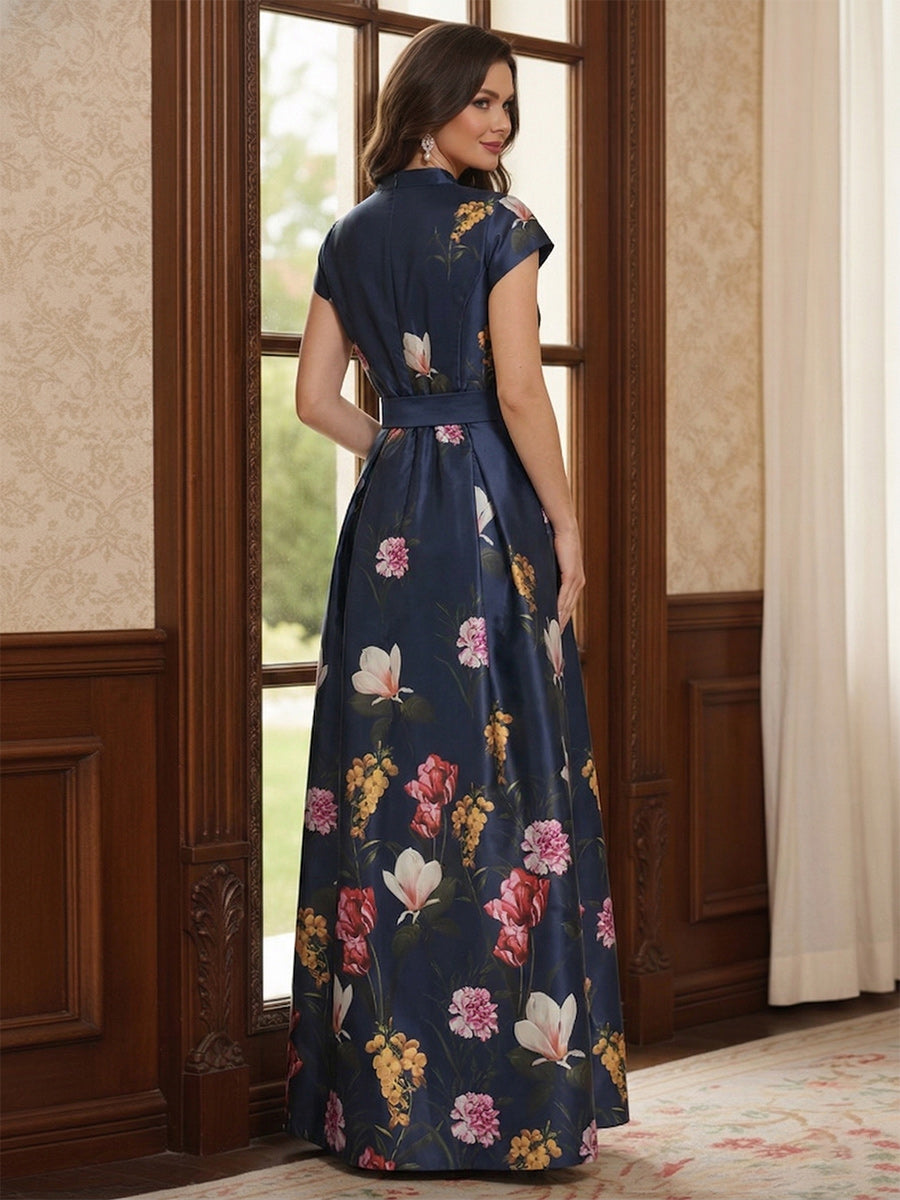 A-Line/Princess Short Sleeves V Neck Floor-Length Mother of the Bride Dresses with Pocket & Split Side