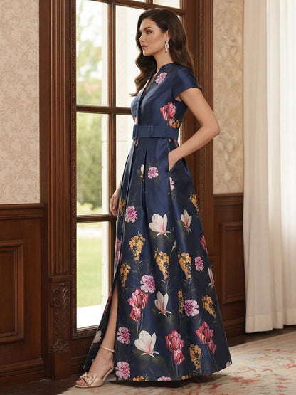A-Line/Princess Short Sleeves V Neck Floor-Length Mother of the Bride Dresses with Pocket & Split Side