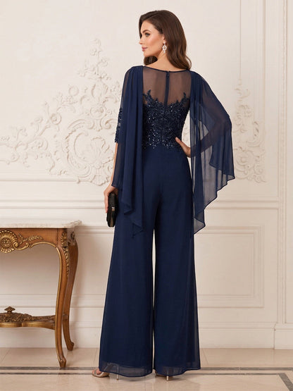 Jumpsuits Half Sleeves Cowl Neck Floor Length Mother of the Bride Dresses with Sequin & Appliques