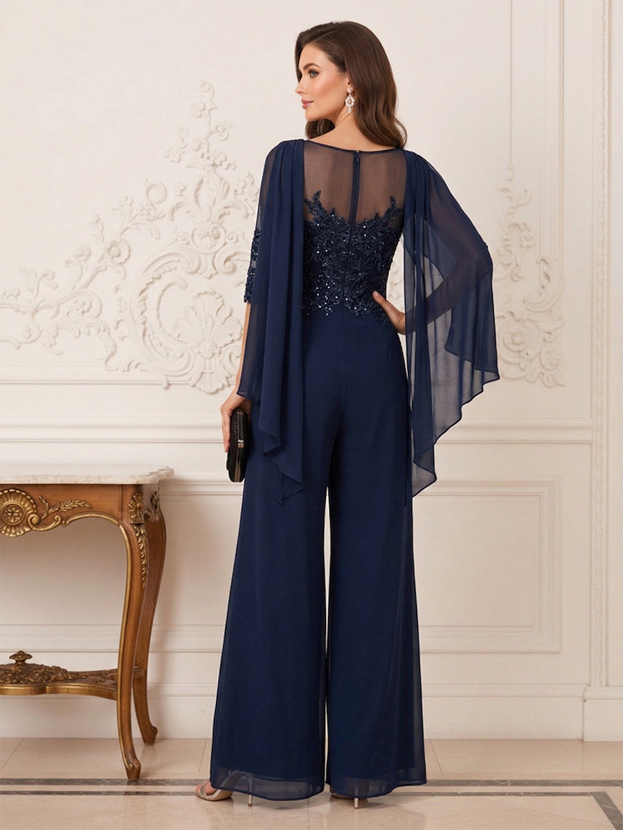 Jumpsuits Half Sleeves Cowl Neck Floor Length Mother of the Bride Dresses with Sequin & Appliques