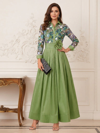 A-Line/Princess Shirt Collar Long Sleeves  Floor Length Mother of the Bride Dresses with Applique & 3D Floral