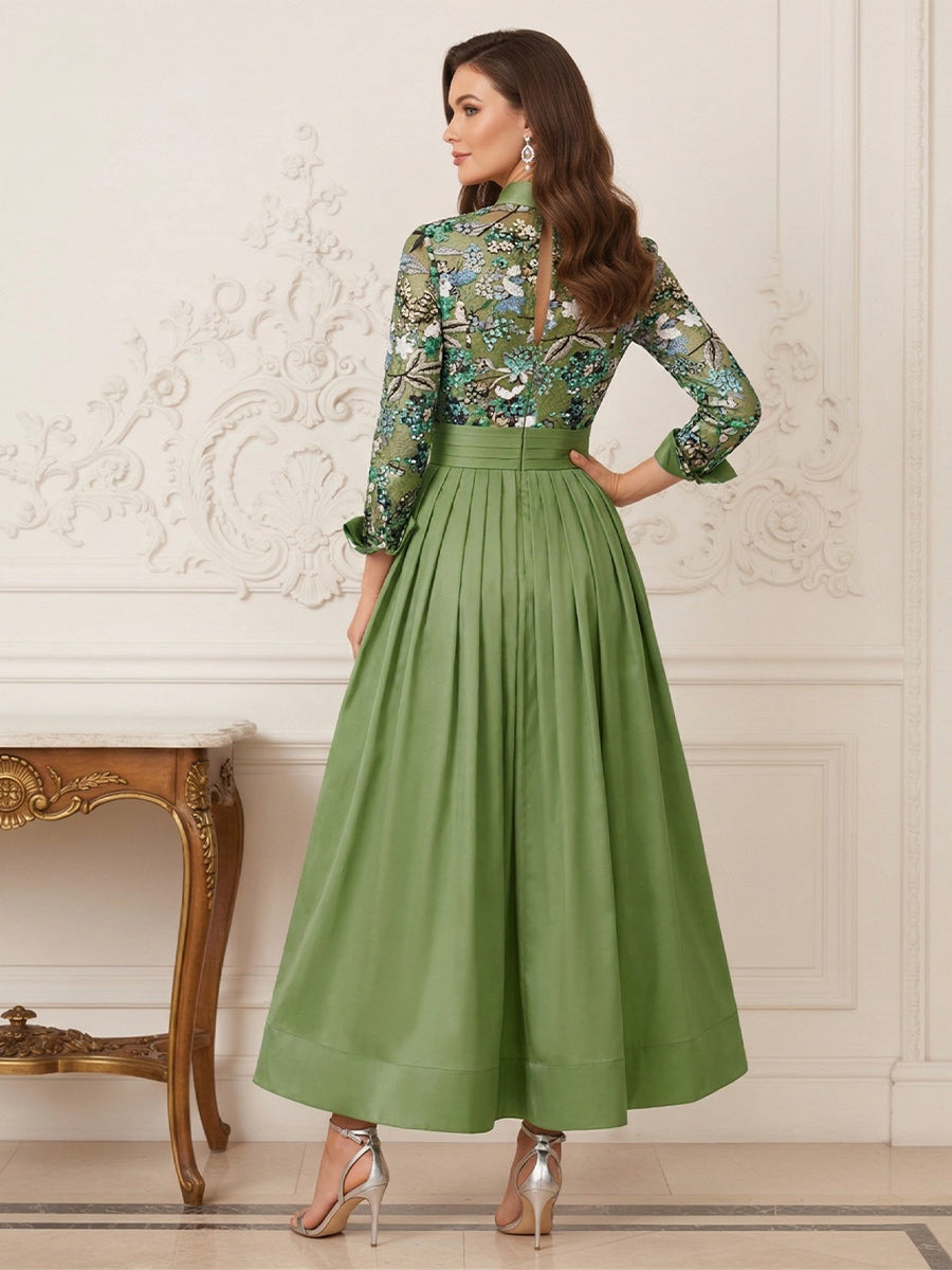 A-Line/Princess Shirt Collar Long Sleeves  Floor Length Mother of the Bride Dresses with Applique & 3D Floral