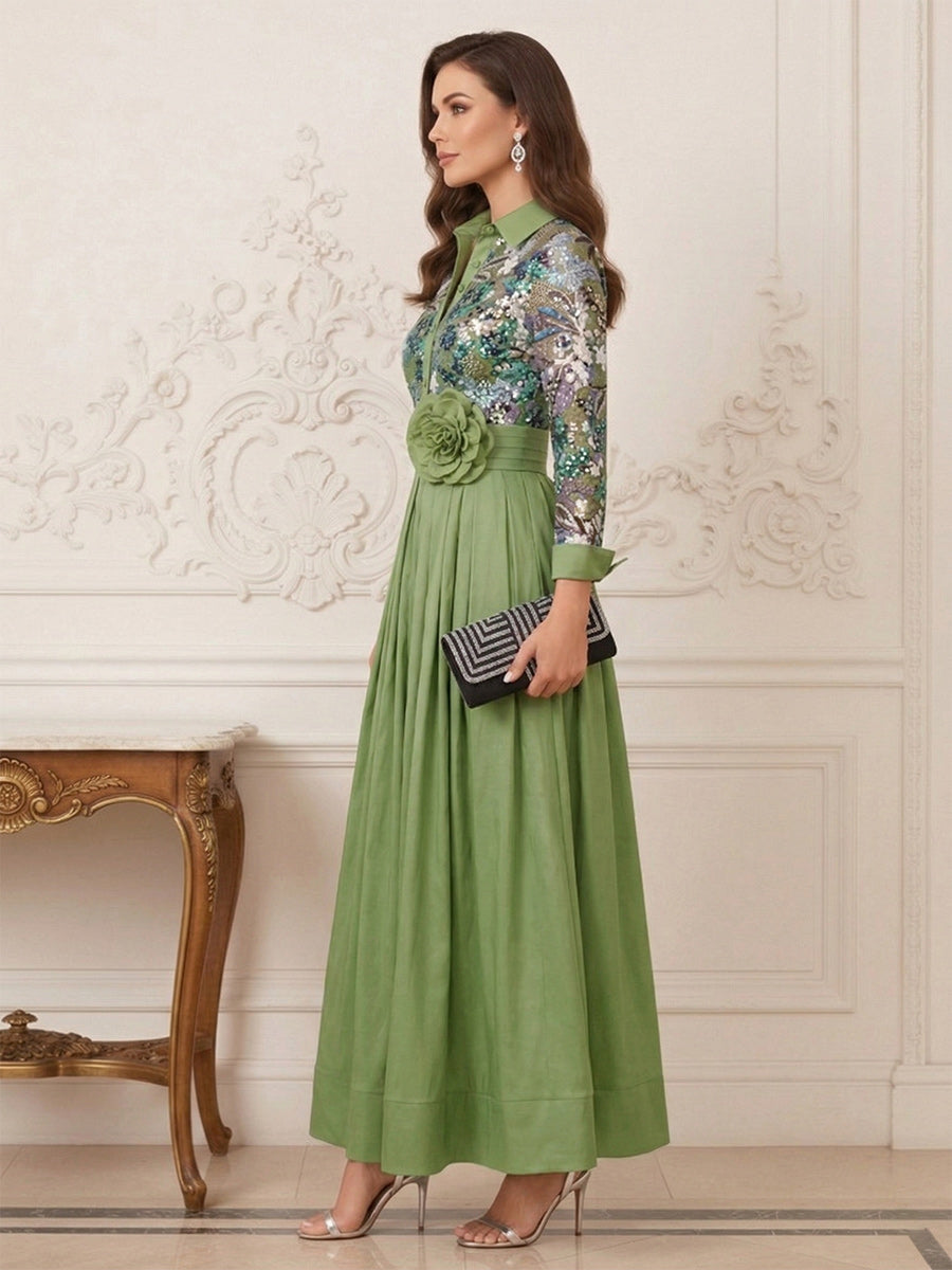 A-Line/Princess Shirt Collar Long Sleeves  Floor Length Mother of the Bride Dresses with Applique & 3D Floral