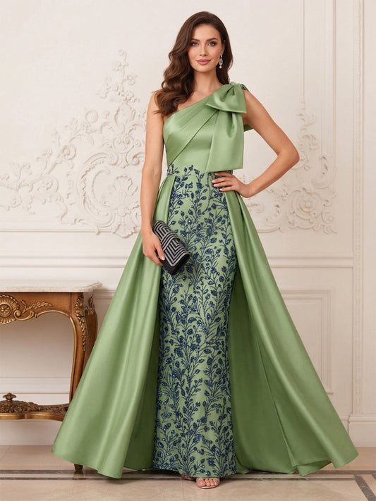 Sheath/Column One-Shoulder Sleeveless  Floor Length Mother of the Bride Dresses with Applique & Bowknot