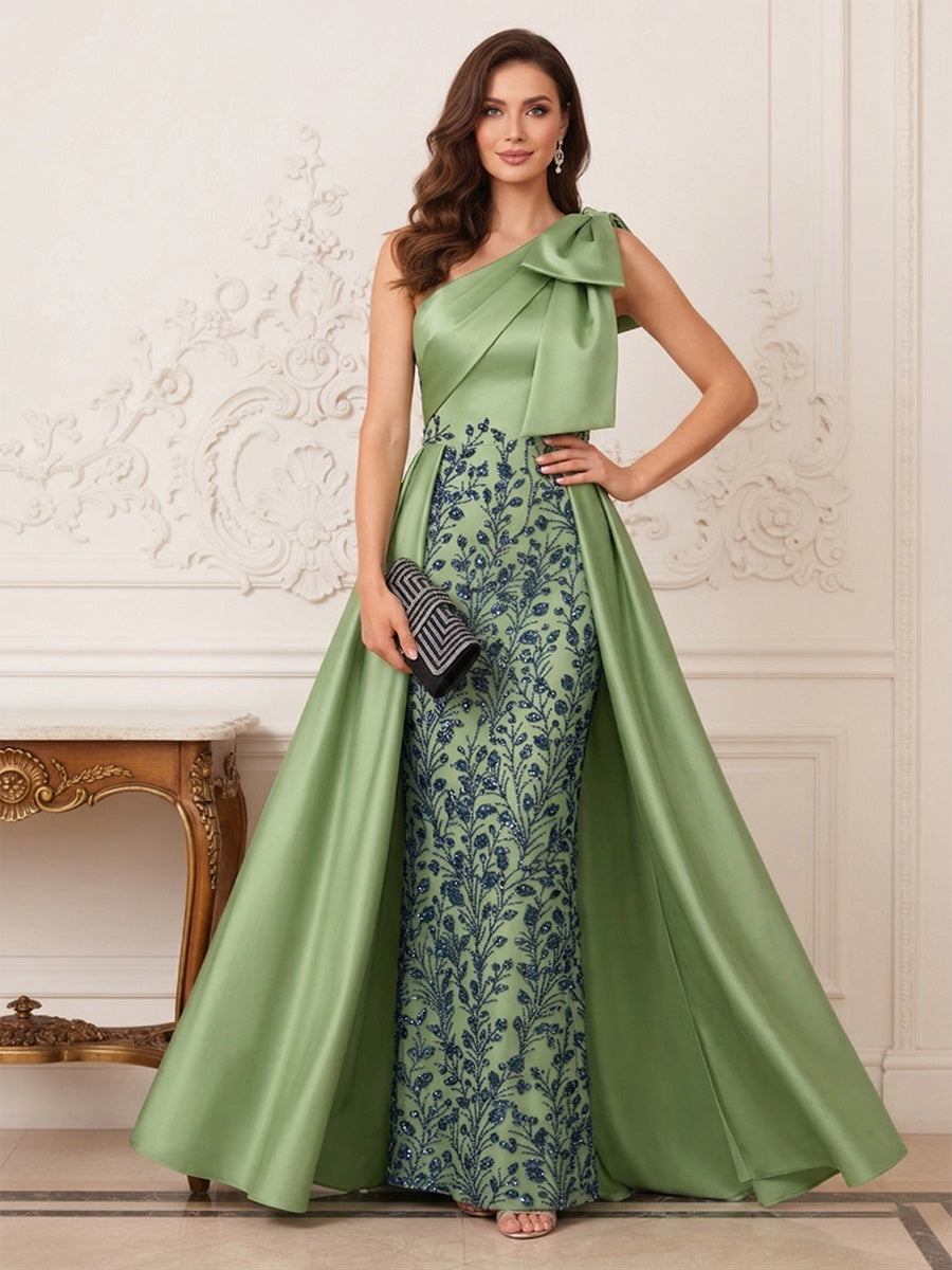 Sheath/Column One-Shoulder Sleeveless  Floor Length Mother of the Bride Dresses with Applique & Bowknot