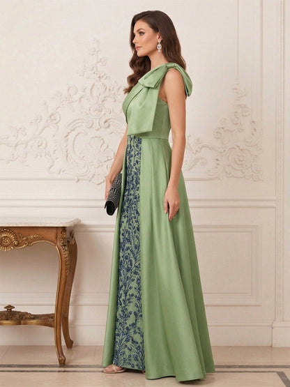 Sheath/Column One-Shoulder Sleeveless  Floor Length Mother of the Bride Dresses with Applique & Bowknot