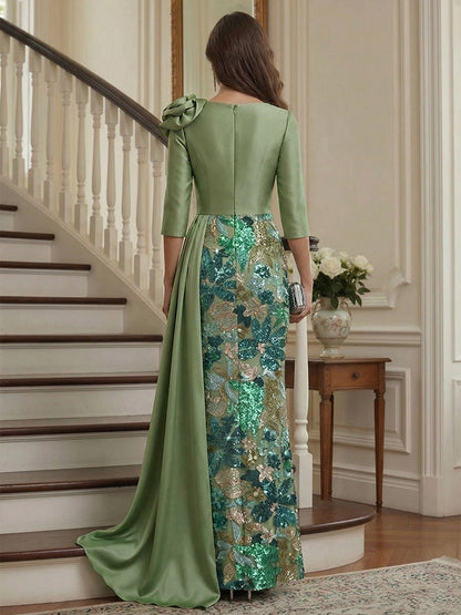Sheath/Column 3/4 Sleeves V Neck Floor Length Mother of the Bride Dresses with Sequins & 3D Floral