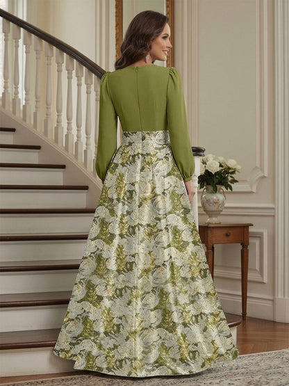A-Line/Princess V-Neck Long-Sleeves Floor Length Mother of the Bride Dresses with Split Side & 3D Floral