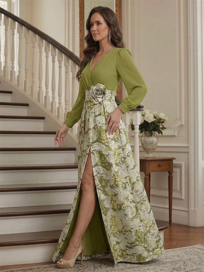 A-Line/Princess V-Neck Long-Sleeves Floor Length Mother of the Bride Dresses with Split Side & 3D Floral