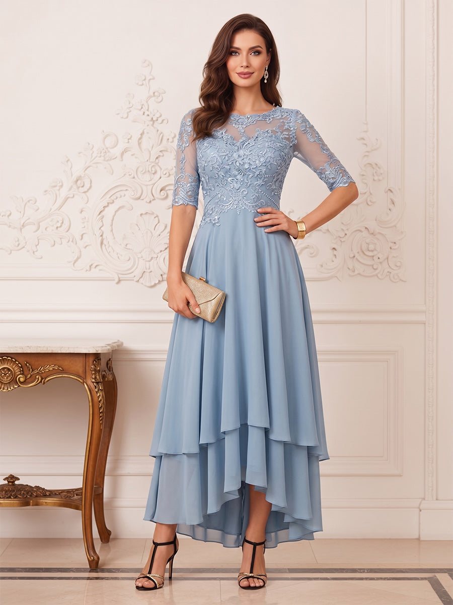 A-Line/Princess Asymmetrical Half Sleeves Boat Neck Mother of the Bride Dresses with Applique & Ruffles