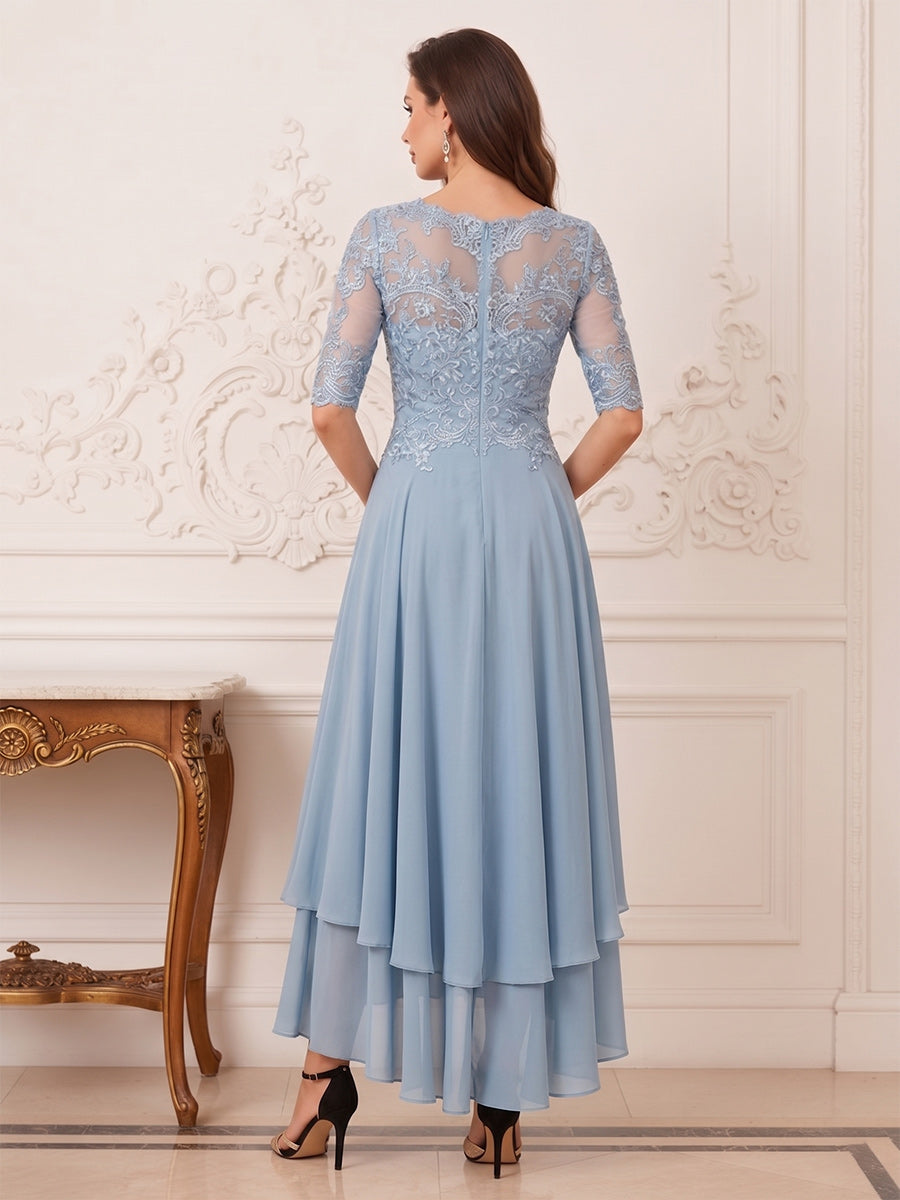 A-Line/Princess Asymmetrical Half Sleeves Boat Neck Mother of the Bride Dresses with Applique & Ruffles