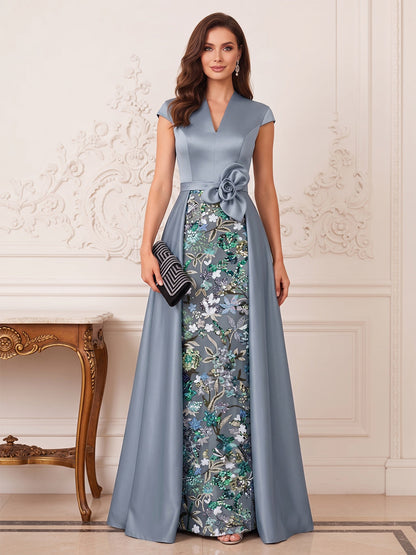 Sheath/Column Short Sleeves V Neck Floor Length Mother of the Bride Dresses with Embroidery & 3D Floral