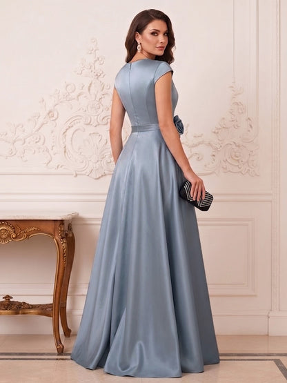 Sheath/Column Short Sleeves V Neck Floor Length Mother of the Bride Dresses with Embroidery & 3D Floral