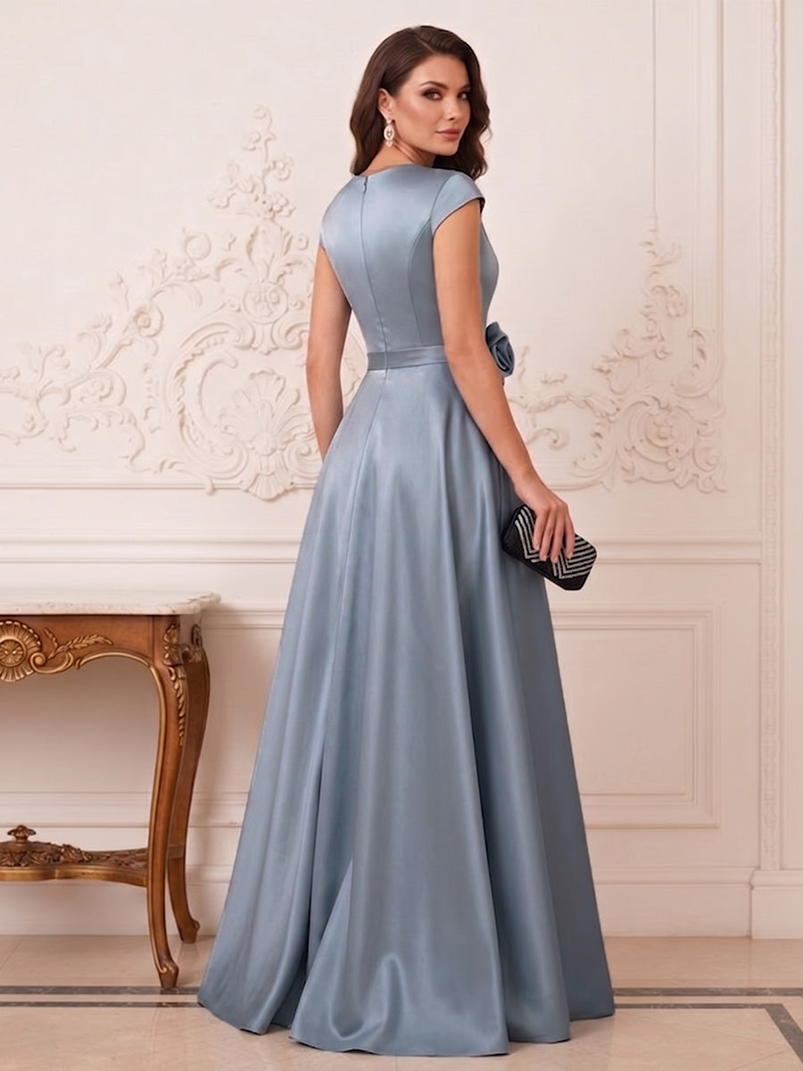 Sheath/Column Short Sleeves V Neck Floor Length Mother of the Bride Dresses with Embroidery & 3D Floral