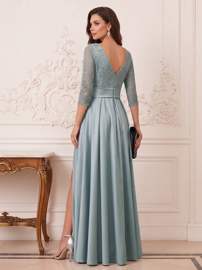 A-Line/Princess Scoop 3/4 Sleeves Floor-Length Mother of the Bride Dresses with Lace & Split Side