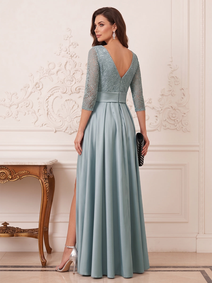 A-Line/Princess Scoop 3/4 Sleeves Floor-Length Mother of the Bride Dresses with Lace & Split Side