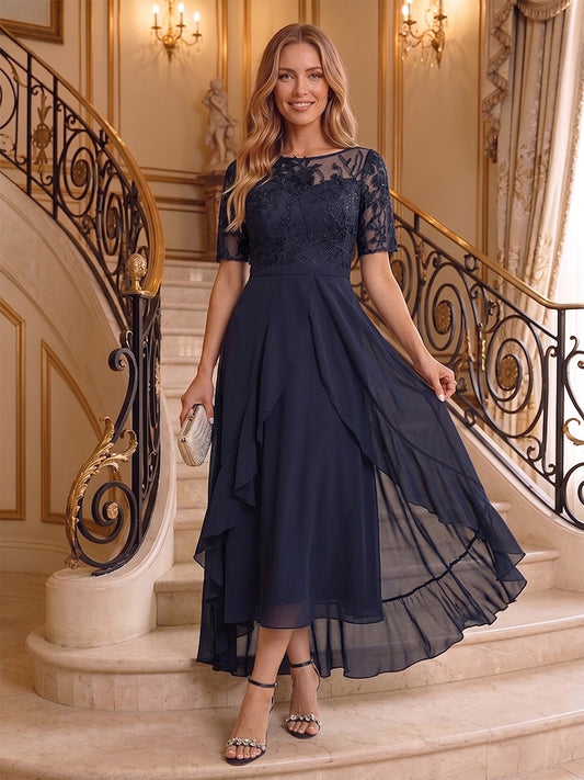 A-Line/Princess Scoop Short Sleeves Asymmetrical Mother of the Bride Dresses with Applique & Ruffles