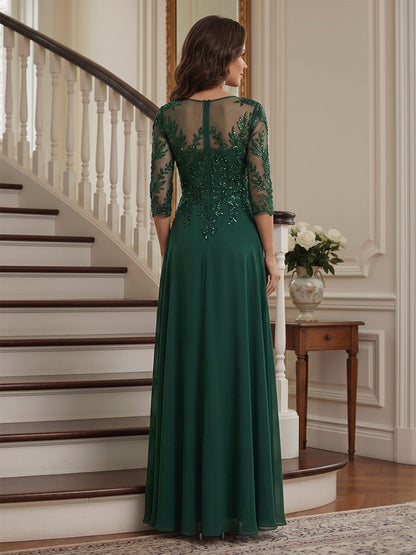 A-Line/Princess V-Neck 3/4 Sleeves Chiffon Asymmetrical Mother of the Bride Dresses with Lace