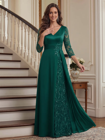 A-Line/Princess V-Neck 3/4 Sleeves Floor-Length Mother of the Bride Dresses with Lace & Appliques