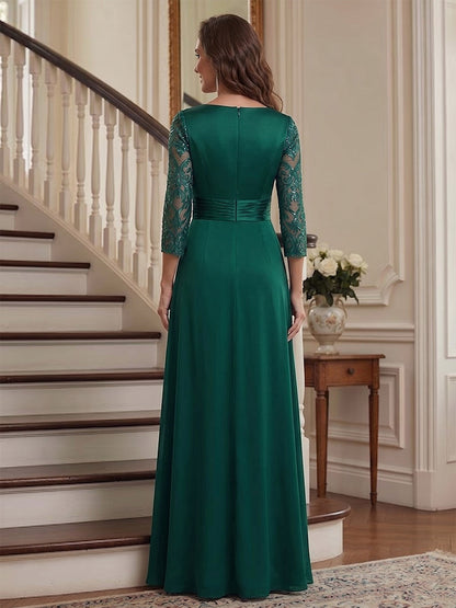 A-Line/Princess V-Neck 3/4 Sleeves Floor-Length Mother of the Bride Dresses with Lace & Appliques