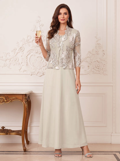 A-Line/Princess 3 Piece 3/4 Sleeves Boat Neck Ankle Length Mother of the Bride Dresses with Lace