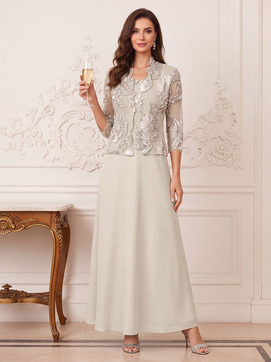 A-Line/Princess 3 Piece 3/4 Sleeves Boat Neck Ankle Length Mother of the Bride Dresses with Lace