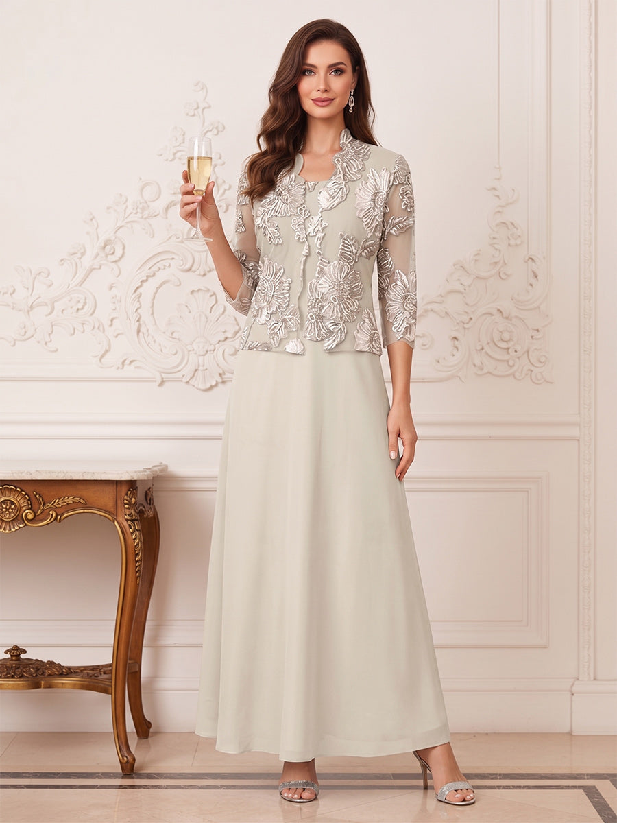 A-Line/Princess 3 Piece 3/4 Sleeves Boat Neck Ankle Length Mother of the Bride Dresses with Lace