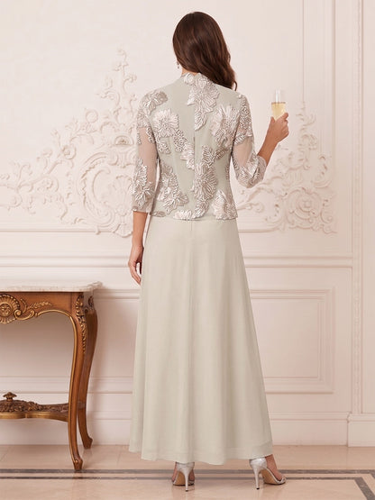 A-Line/Princess 3 Piece 3/4 Sleeves Boat Neck Ankle Length Mother of the Bride Dresses with Lace