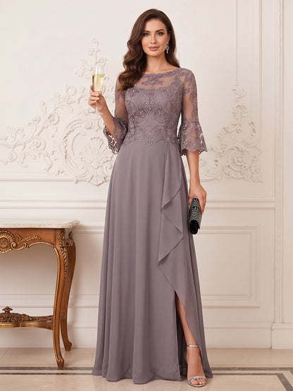 A-Line/Princess Half Sleeves Crew Neck Floor Length Mother of the Bride Dresses with Split Side & Appliques