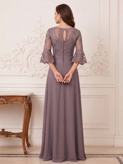 A-Line/Princess Half Sleeves Crew Neck Floor Length Mother of the Bride Dresses with Split Side & Appliques