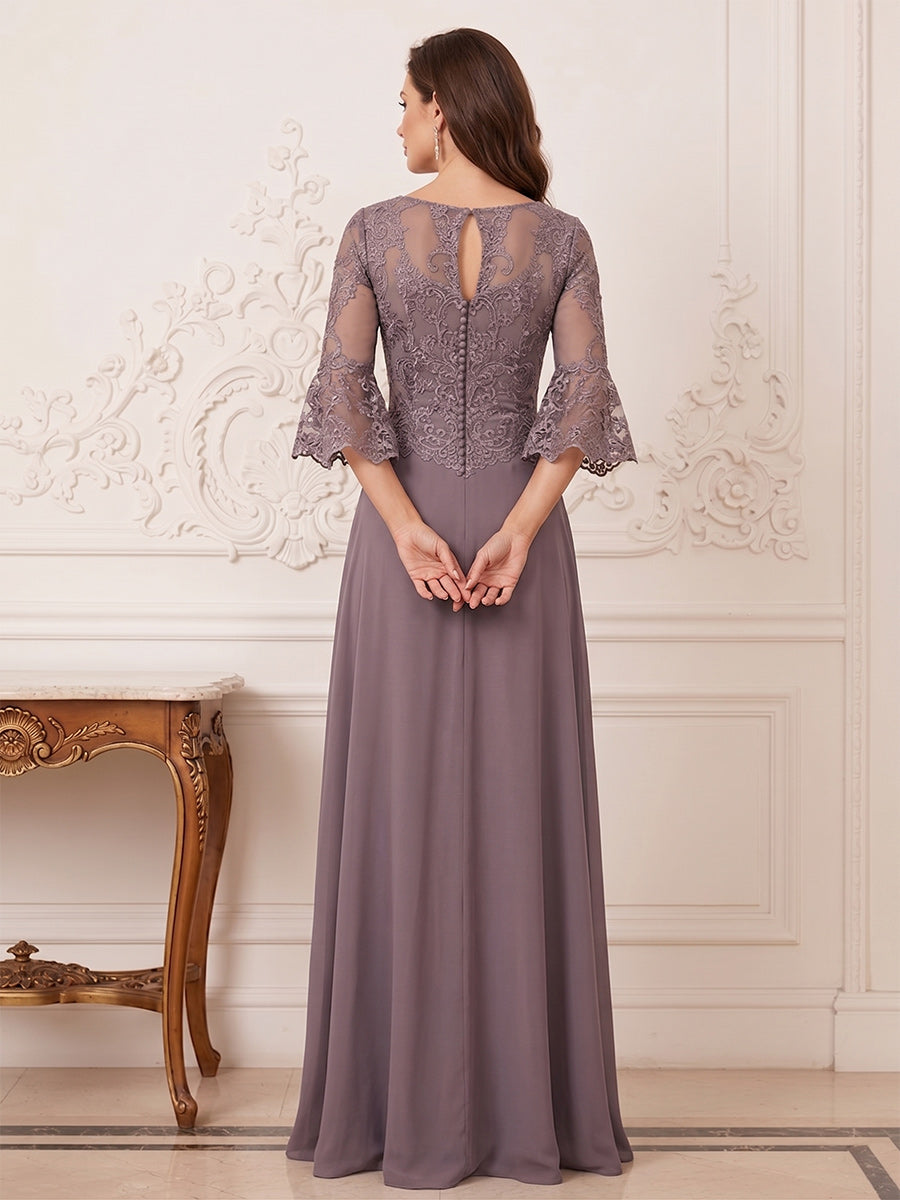 A-Line/Princess Half Sleeves Crew Neck Floor Length Mother of the Bride Dresses with Split Side & Appliques