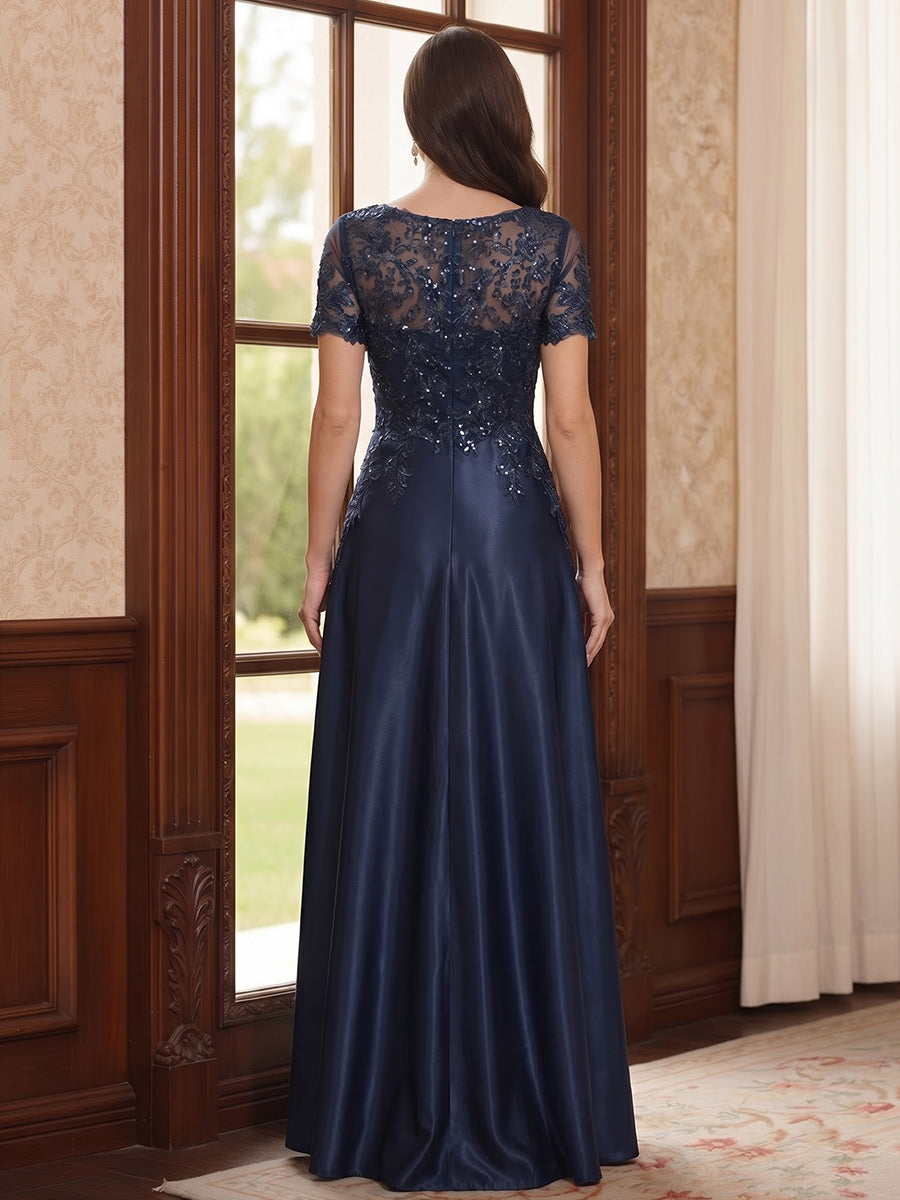 A-Line/Princess Short Sleeves V-neck Floor-Length Mother of the Bride Dresses with Pockets & Lace