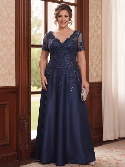 A-Line/Princess Short Sleeves V-neck Floor-Length Plus Size Mother of the Bride Dresses with Pockets & Lace