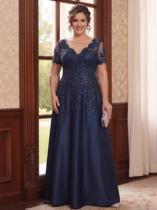 A-Line/Princess Short Sleeves V-neck Floor-Length Plus Size Mother of the Bride Dresses with Pockets & Lace