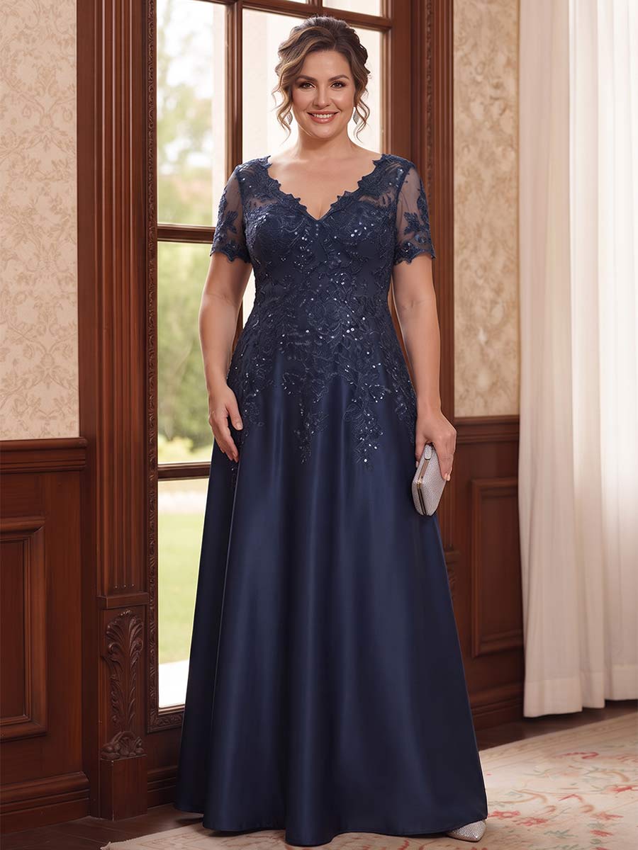 A-Line/Princess Short Sleeves V-neck Floor-Length Plus Size Mother of the Bride Dresses with Pockets & Lace
