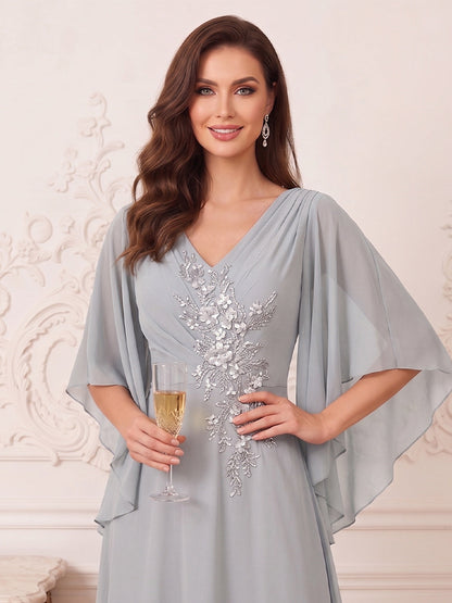 A-Line/Princess V-Neck Half Sleeves Floor-Length Mother of the Bride Dresses with Appliques & Lace