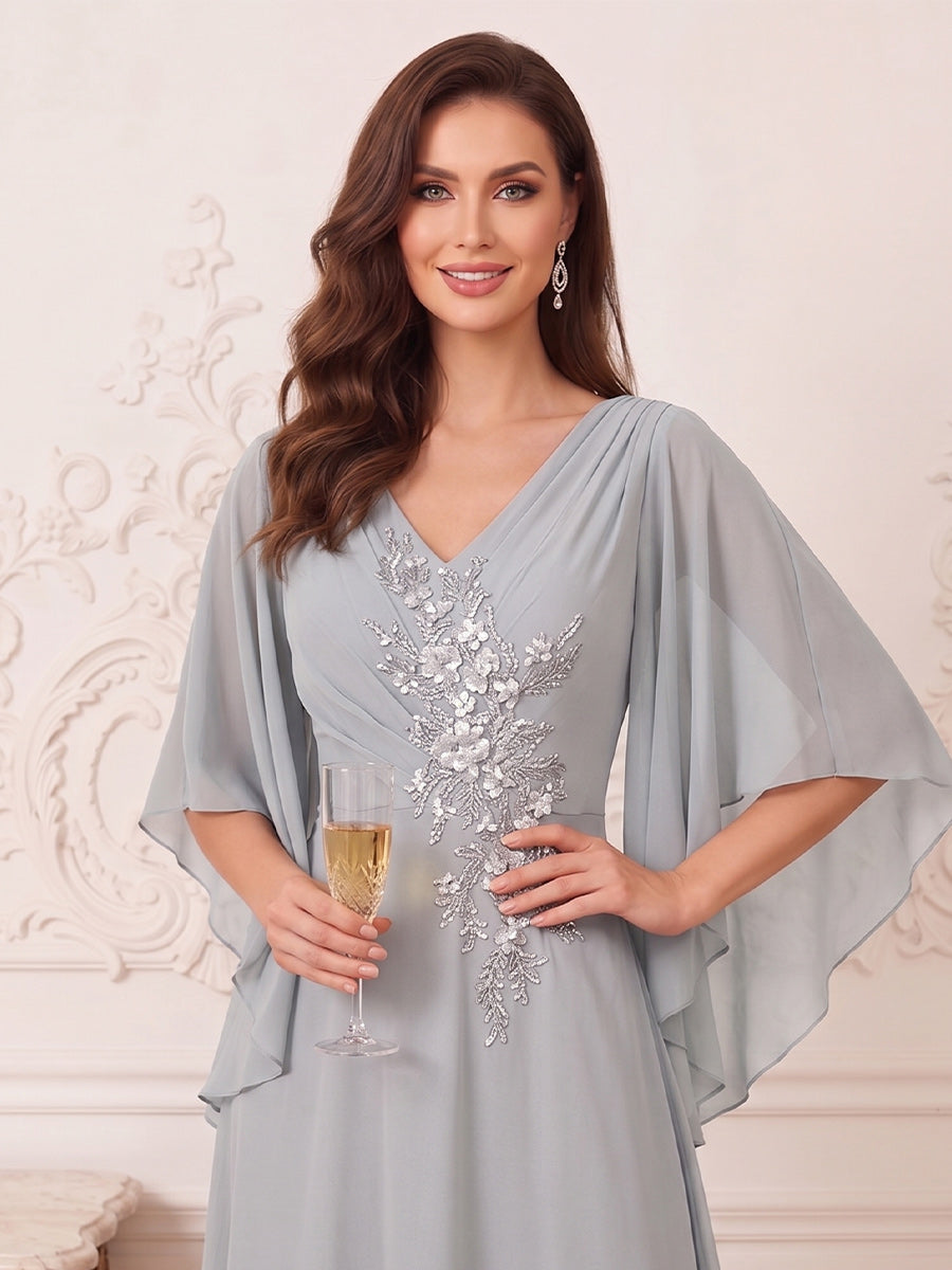 A-Line/Princess V-Neck Half Sleeves Floor-Length Mother of the Bride Dresses with Appliques & Lace