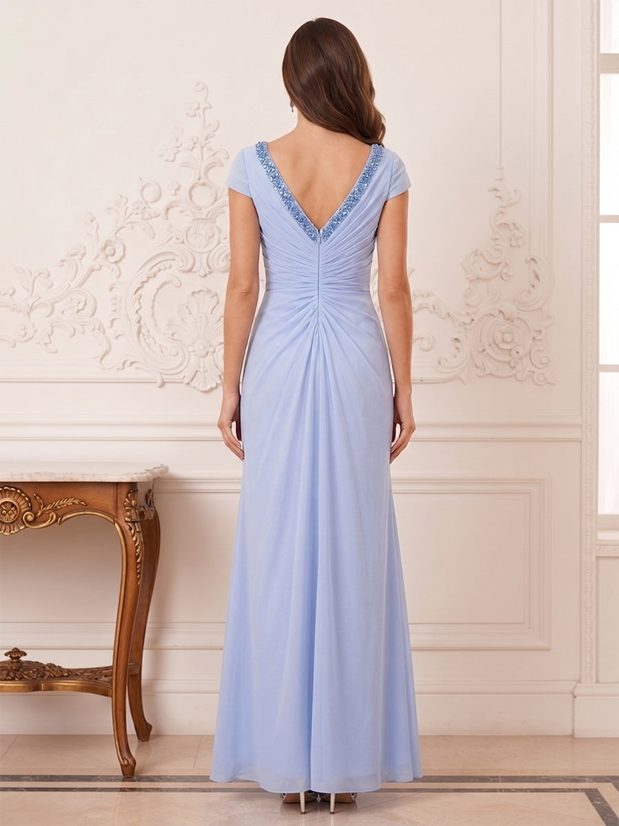 Sheath Column V-neck Short Sleeves Floor-Length Mother of the Bride Dresses with Appliques & Lace